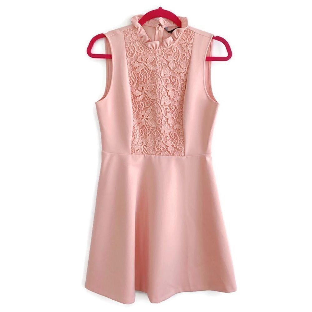 ZARA Woman Lace Sleeveless Mini Floral Fit & Flare Ruffle Dress Blush Pink M